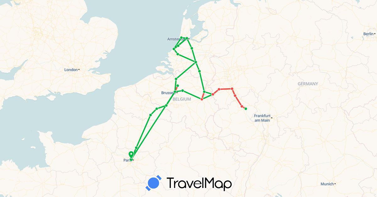 TravelMap itinerary: driving, bus, hiking in Belgium, Germany, France, Netherlands (Europe)